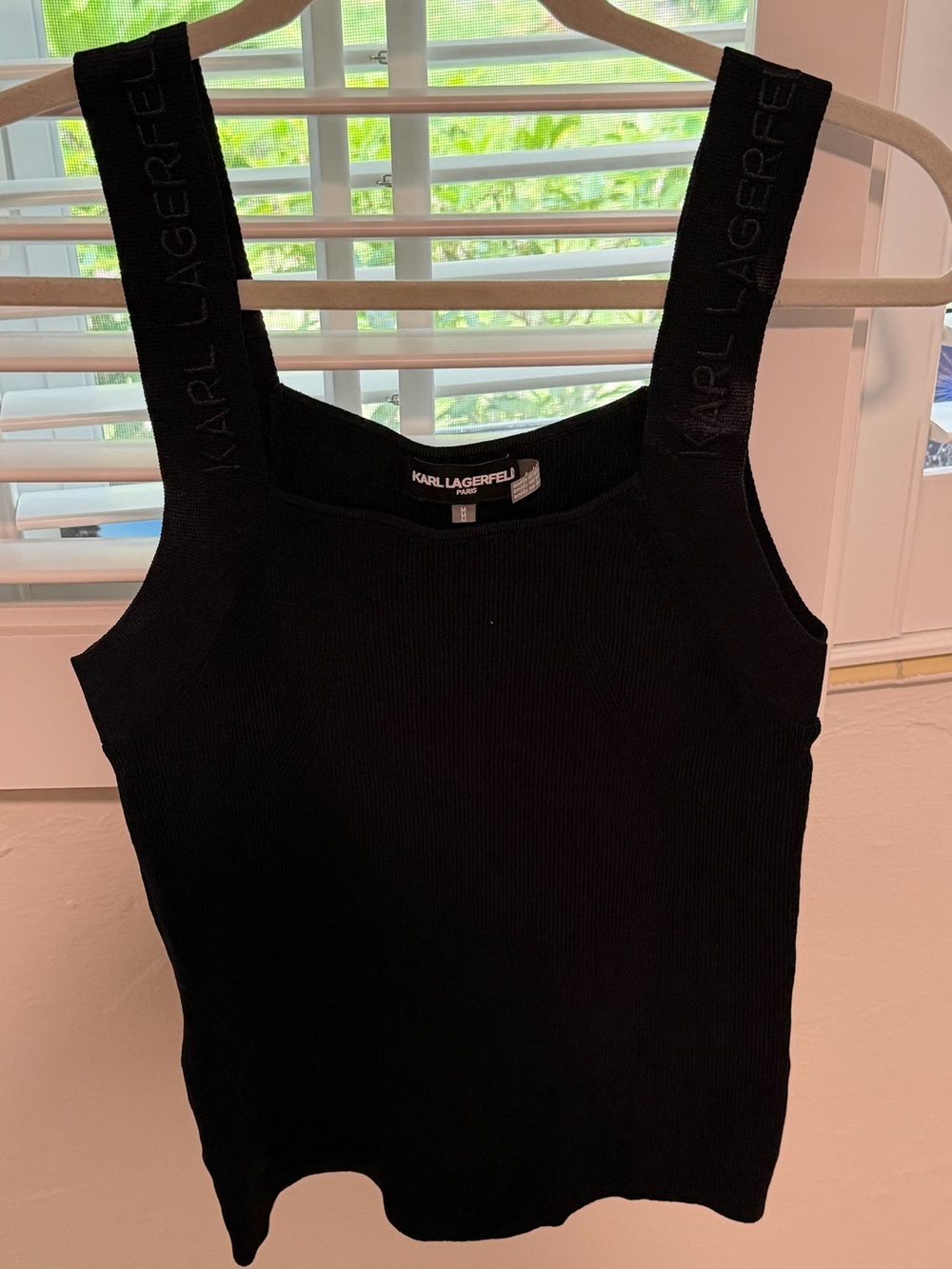 Karl Lagerfeld Black Ribbed Tank with Logo-Straps